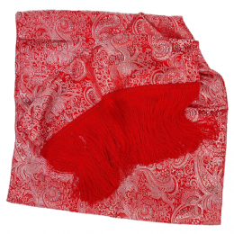 Red stole with silver paisley print and long fringes