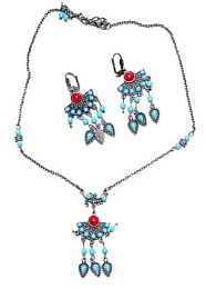 TIRQUISE AND RED BEAD NECKLACE AND EARRINGS SET