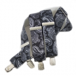 Black and white Paisley print suspenders with antique silver clips