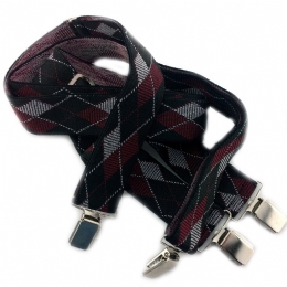 Black suspenders with burgundy and white rhombus