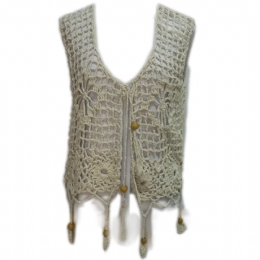 Crochet cotton vest with perforated flowers and fringes