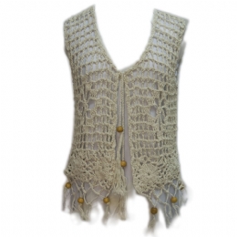 Crochet perforated cotton vest with fringes and wooden beads