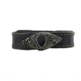 Unisex black leather bracelet with antique silver buckle