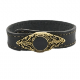Unisex black leather bracelet with antique gold circle buckle