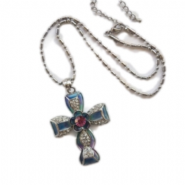 Turquoise enamel cross with flower and white strass