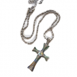 Thin green enamel cross with white strass