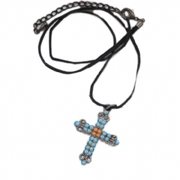 Retro curved cross with turquoise and salmon beads