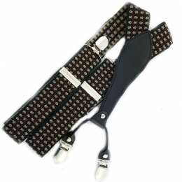 Black suspenders with beige rhombus, double back clips and synthetic leather 