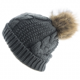Knitted wollen beanie with braids and detachable fur