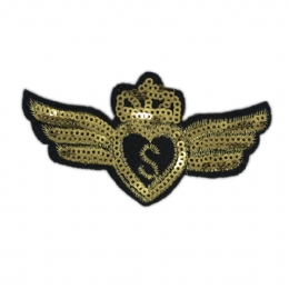 Angel wings and heart brooch with gold sequins