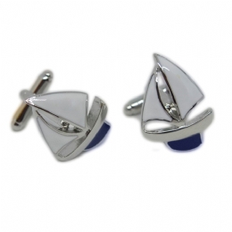 Ship cufflinks with blue and white enamel