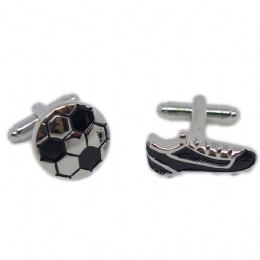Soccer ball and shoe cufflinks with black enamel
