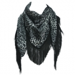 Black and grey triangle Italian animal print scarf with fringes