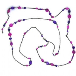 Grey chain necklace - belt with purple and fuxia beads