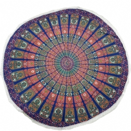 Blue and rust Indian cotton round Mandala beach towel with boho print