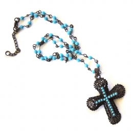 Retro curved cross necklace with small beads