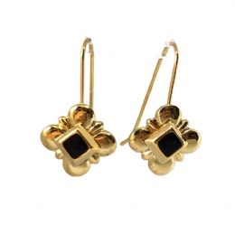 Gold small earrings with hanging black enamel rhombus 