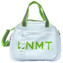 Large white L.N.M.T handbag with lime reflective strap