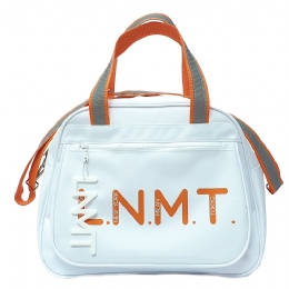 Large white L.N.M.T handbag with orange reflective strap