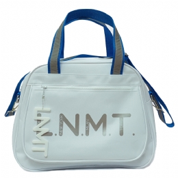 Large white L.N.M.T handbag with royal blue reflective strap