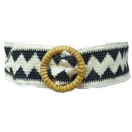Wide cream and black zig zag knitted belt with rattan buckle