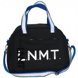 Large black L.N.M.T handbag with indigo blue reflective strap