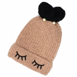 Kids knitted beanie with stiched eye lashes, pearls and small ears