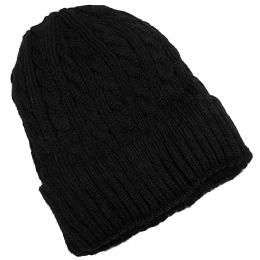 Plain colour knitted unisex beanie with braids and fleece lining