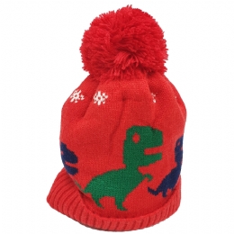 Baby beanie with pom-pom and dinosaurs with fleece lining