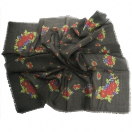 Grey-brown Italian wool square scarf with red and royal blue big and small roses