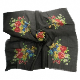 Grey-brown Italian wool square scarf with bouquets of colourful flowers