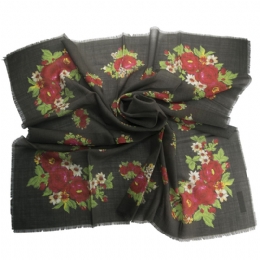 Grey-brown Italian wool square scarf with bouquets of red roses