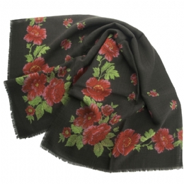 Grey-brown Italian wool square scarf with big red flowers