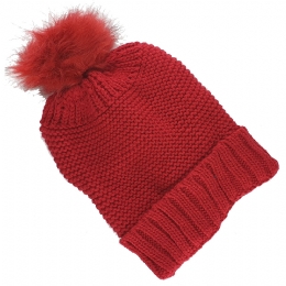 Plain colour knitted unisex beanie with fluffy lining and large pon-pon