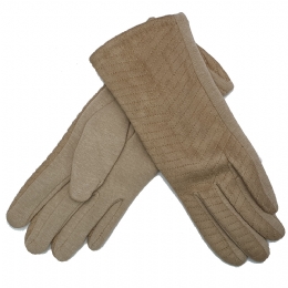 Beige elastic women gloves with stiched design and plush lining