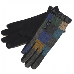 Elastic gloves with mustard, grey and blue checkered design and flabby cuffs