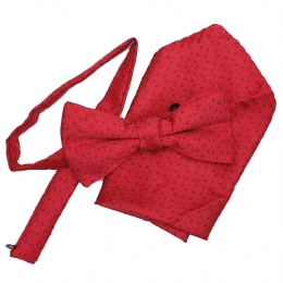 Wine bow tie and pocket square with blue rhombus and white spots
