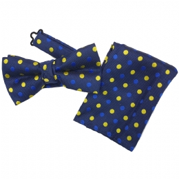 Blue bow tie and pocket square with yellow and royal blue polka dots