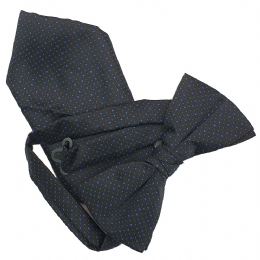 Black bow tie and pocket square with royal blue rhombus and white spots