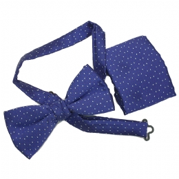 Midnight blue bow tie and pocket square with white rhombus and burgundy spots