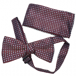 Bow tie and pocket square with grey, blue and burgundy squares
