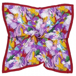 Silk square scarf with large red, white, yellow and purple flowers