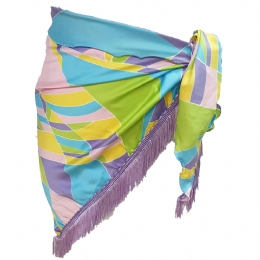 Light blue, pink, yellow and lime triangle Italian skirt pareo with lilac fringes