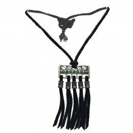 Black leather strap necklace with retro silver charm, green beads and fringes