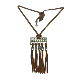 Rust leather strap necklace with silver charm, green beads and fringes