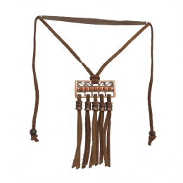 Rust leather strap necklace with copper charm, orange colour beads and fringes