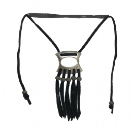 Black long leather strap necklace with silver charm and fringes