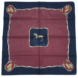 Blue and burgundy Italian matte square scarf with Horse prints