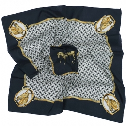 Black and white Italian matte square scarf with mustard Horse prints