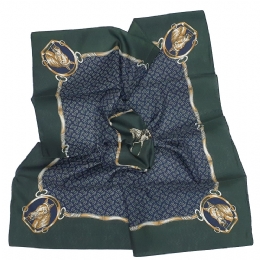 Dark green and blue Italian matte square scarf with mustard Horse prints